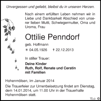 Traueranzeige von Ottilie Penndorf von WVG - Wochenspiegel NMB / WSF / ZTZ