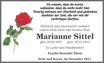 Traueranzeige von Marianne Sittel von Super Sonntag Zeitz