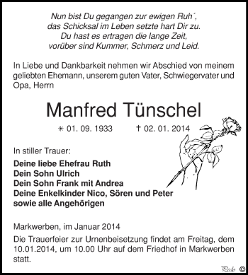 Traueranzeige von Manfred Tünschel von WVG - Wochenspiegel NMB / WSF / ZTZ