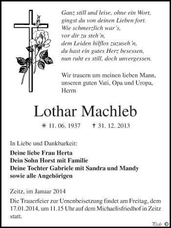 Traueranzeige von Lothar Machleb von Super Sonntag Zeitz