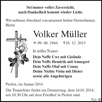 Traueranzeige von Volker Müller von Super Sonntag Zeitz