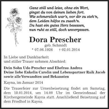 Traueranzeige von Dora Prescher von Super Sonntag Zeitz