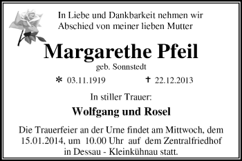 Traueranzeige von Margarethe Pfeil von Super Sonntag Dessau / Köthen