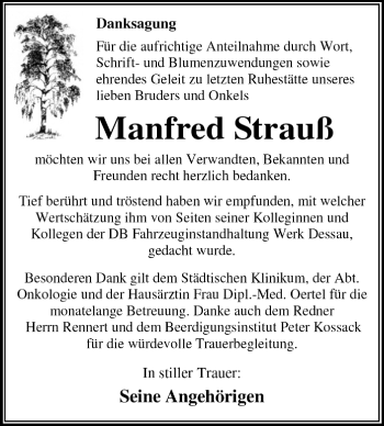 Traueranzeige von Manfred Strauß von Super Sonntag Dessau / Köthen