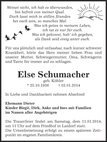 Traueranzeige von Else Schumacher von Super Sonntag Bernburg