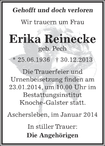 Traueranzeige von Erika Reinecke von WVG - Wochenspiegel Aschersleben