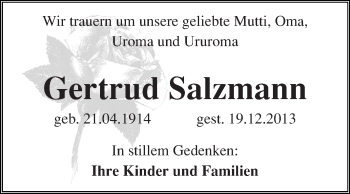 Traueranzeige von Gertrud Salzmann von Super Sonntag Halle