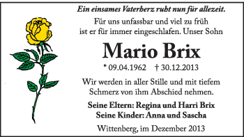 Traueranzeige von Mario Brix von Super Sonntag Wittenberg