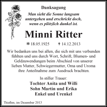 Traueranzeige von Minni Ritter von WVG - Wochenspiegel Dessau / Köthen