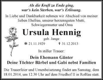 Traueranzeige von Ursula Hennig von WVG - Wochenspiegel Dessau / Köthen