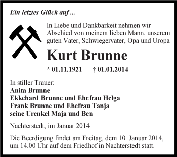 Traueranzeige von Kurt Brunne von WVG - Wochenspiegel Aschersleben