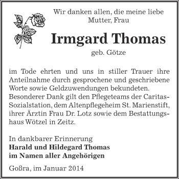 Traueranzeige von Irmgard Thomas von Super Sonntag Zeitz