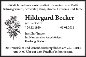 Traueranzeige von Hildegard Becker von Super Sonntag Dessau / Köthen