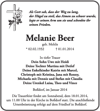 Traueranzeige von Melanie Beer von WVG - Wochenspiegel Wittenberg