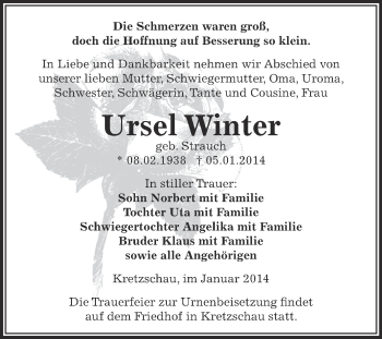 Traueranzeige von Ursel Winter von Super Sonntag Zeitz