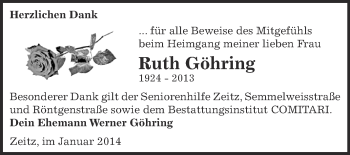 Traueranzeige von Ruth Göhring von Super Sonntag Zeitz