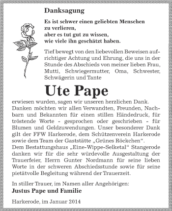 Traueranzeige von Ute Pape von Super Sonntag SGH Mansf. Land