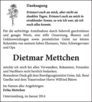 Traueranzeige von Dietmar Mettchen von Super Sonntag Dessau / Köthen