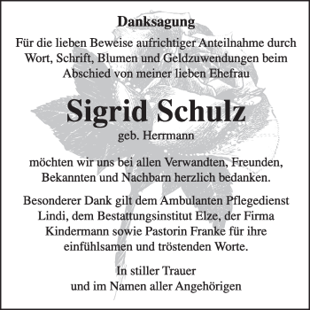 Traueranzeige von Sigrid Schulz von Super Sonntag Dessau / Köthen
