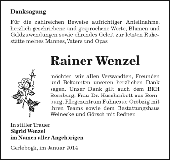 Traueranzeige von Rainer Wenzel von WVG - Wochenspiegel Dessau / Köthen