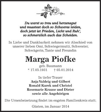 Traueranzeige von Marga Piofke von Super Sonntag Bernburg