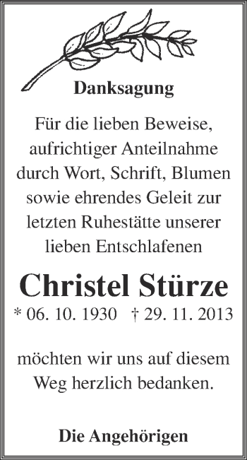 Traueranzeige von Christel Stürze von WVG - Wochenspiegel NMB / WSF / ZTZ