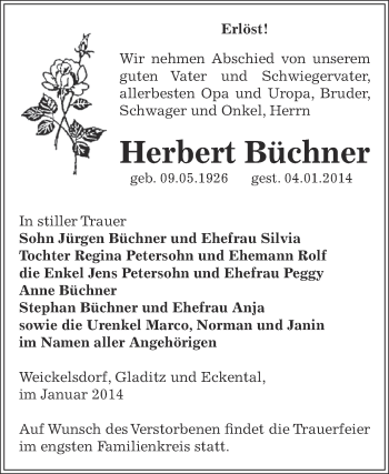 Traueranzeige von Herbert Büchner von Super Sonntag Zeitz