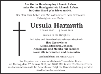 Traueranzeige von Ursula Harmuth von WVG - Wochenspiegel Aschersleben