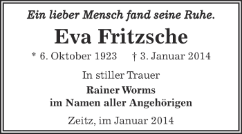 Traueranzeige von Eva Fritzsche von Super Sonntag Zeitz