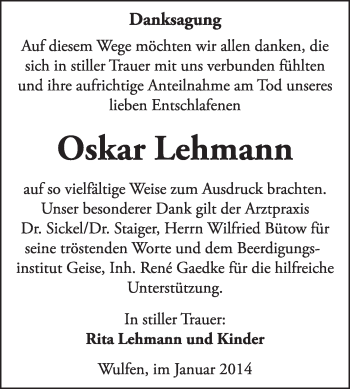 Traueranzeige von Oskar Lehmann von Super Sonntag Dessau / Köthen