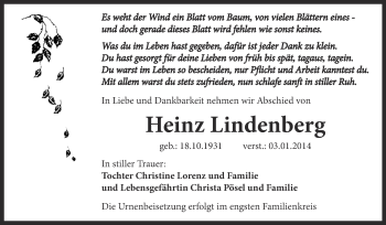 Traueranzeige von Heinz Lindenberg von Super Sonntag Bernburg