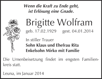 Traueranzeige von Brigitte Wolfram von Super Sonntag Merseburg