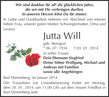 Traueranzeige von Jutta Will von Super Sonntag Merseburg