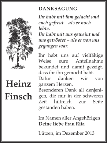 Traueranzeige von Heinz Finsch von WVG - Wochenspiegel NMB / WSF / ZTZ