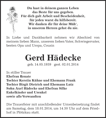 Traueranzeige von Gerd Hädecke von Super Sonntag Bernburg