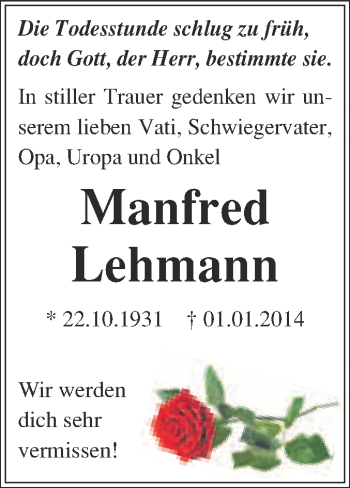 Traueranzeige von Manfred Lehmann von WVG - Wochenspiegel Quedlinburg