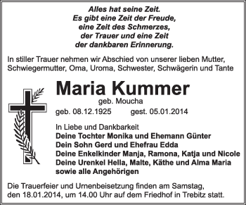 Traueranzeige von Maria Kummer von Super Sonntag Wittenberg