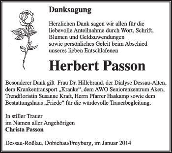 Traueranzeige von Herbert Passon von Super Sonntag Dessau / Köthen