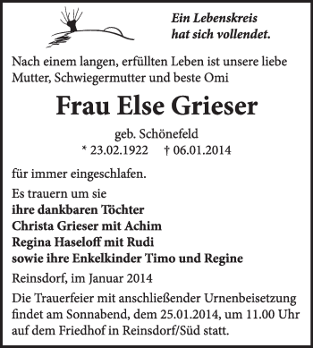 Traueranzeige von Else Grieser von WVG - Wochenspiegel Wittenberg