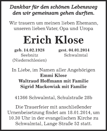 Traueranzeige von Erich Klose von Wochenspiegel Mansfelder Land