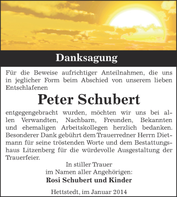 Traueranzeige von Peter Schubert von Wochenspiegel Mansfelder Land