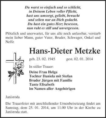 Traueranzeige von Hans-Dieter Metzke von WVG - Wochenspiegel NMB / WSF / ZTZ