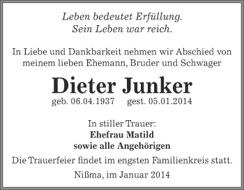 Traueranzeige von Dieter Junker von Super Sonntag Zeitz