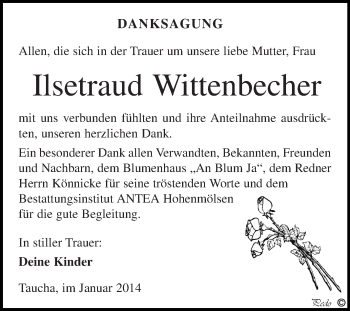 Traueranzeige von Ilsetraud Wittenbecher von WVG - Wochenspiegel NMB / WSF / ZTZ