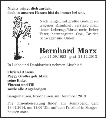 Traueranzeige von Bernhard Marx von Super Sonntag SGH Mansf. Land