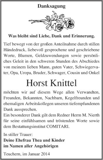Traueranzeige von Horst Knittel von WVG - Wochenspiegel NMB / WSF / ZTZ