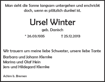 Traueranzeige von Ursel Winter von WVG - Wochenspiegel NMB / WSF / ZTZ