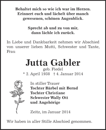 Traueranzeige von Jutta Gabler von Super Sonntag Zeitz