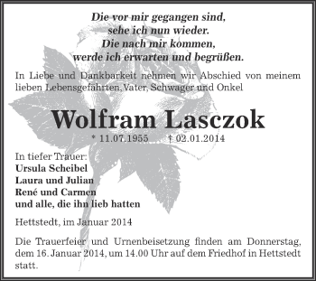 Traueranzeige von Wolfram Lasczok von Wochenspiegel Mansfelder Land