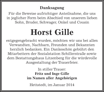 Traueranzeige von Horst Gille von Wochenspiegel Mansfelder Land